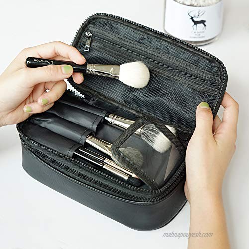 Mini Makeup Bag BEGIN MAGIC Small Travel Cosmetic Brush Bag Organizer Portable Makeup Waterproof PU Leather Case Pouch Toiletry Bag with Brush Holder