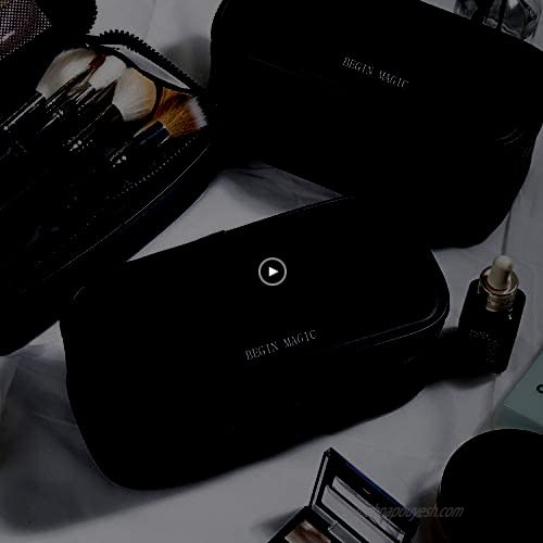 Mini Makeup Bag BEGIN MAGIC Small Travel Cosmetic Brush Bag Organizer Portable Makeup Waterproof PU Leather Case Pouch Toiletry Bag with Brush Holder