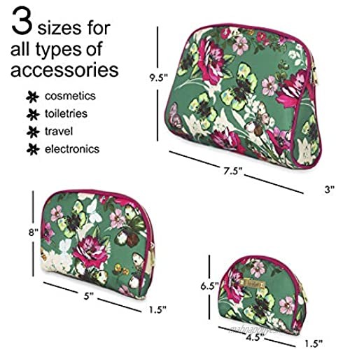 Nicole Miller 3 Pc Cosmetic Bag Set Purse Size Makeup Bag for Women Toiletry Travel Bag Makeup Organizer Zippered Pouch Set Large Medium Small (Hot Pink & Green Floral Print)