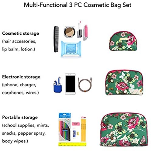 Nicole Miller 3 Pc Cosmetic Bag Set Purse Size Makeup Bag for Women Toiletry Travel Bag Makeup Organizer Zippered Pouch Set Large Medium Small (Hot Pink & Green Floral Print)