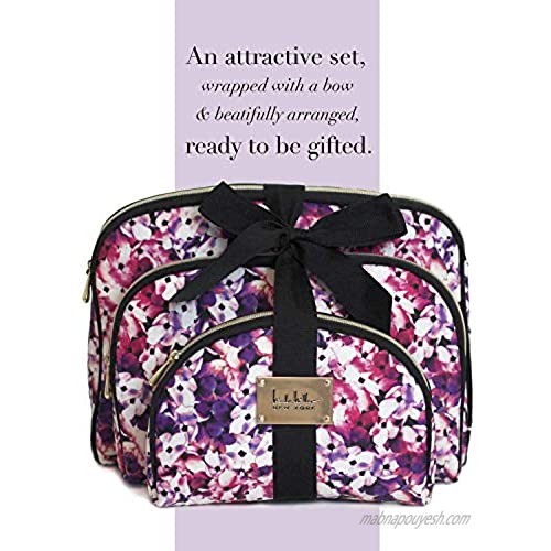 Nicole Miller 3 Pc Cosmetic Bag Set Purse Size Makeup Bag for Women Toiletry Travel Bag Makeup Organizer Cosmetic Bag for Girls Zippered Pouch Set Large Medium Small (Colorful Floral Print)