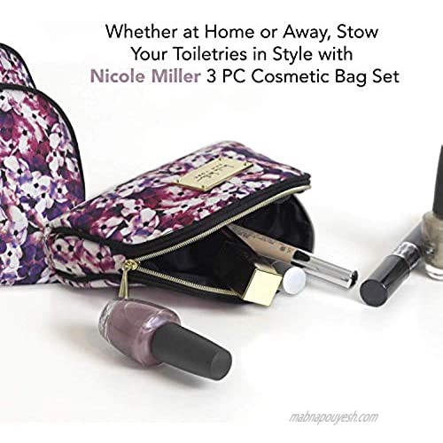 Nicole Miller 3 Pc Cosmetic Bag Set Purse Size Makeup Bag for Women Toiletry Travel Bag Makeup Organizer Cosmetic Bag for Girls Zippered Pouch Set Large Medium Small (Colorful Floral Print)