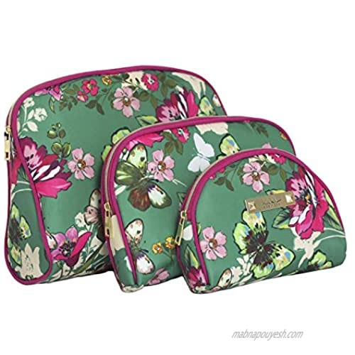Nicole Miller 3 Pc Cosmetic Bag Set  Purse Size Makeup Bag for Women  Toiletry Travel Bag  Makeup Organizer  Zippered Pouch Set  Large  Medium  Small (Hot Pink & Green Floral Print)