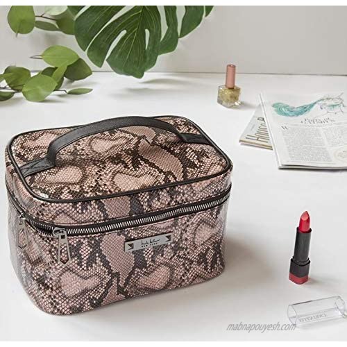 Nicole Miller Makeup Bag Travel Toiletry Bag and Cosmetic Bag- Pink Faux Leather Snakeskin Print (Large Train Bag)