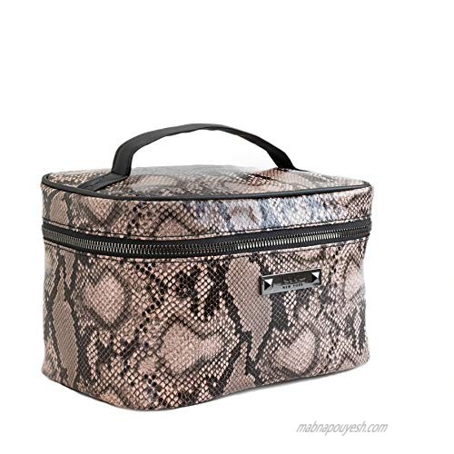 Nicole Miller Makeup Bag  Travel Toiletry Bag  and Cosmetic Bag- Pink Faux Leather Snakeskin Print (Large Train Bag)