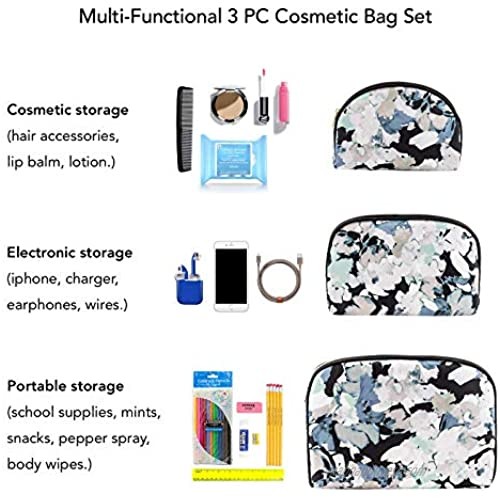Once Upon A Rose 3 Pc Cosmetic Bag Set Purse Size Makeup Bag for Women Toiletry Travel Bag Makeup Organizer Cosmetic Bag for Girls Zippered Pouch Set Large Medium Small (White Floral Design)