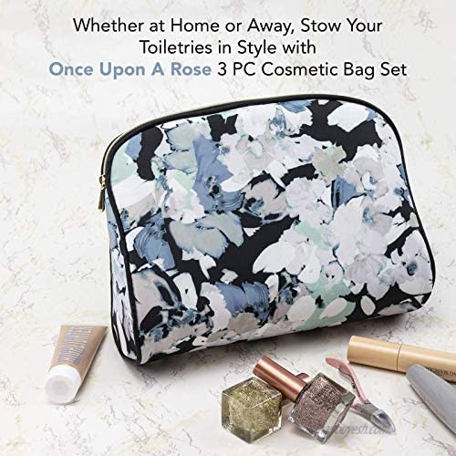 Once Upon A Rose 3 Pc Cosmetic Bag Set Purse Size Makeup Bag for Women Toiletry Travel Bag Makeup Organizer Cosmetic Bag for Girls Zippered Pouch Set Large Medium Small (White Floral Design)