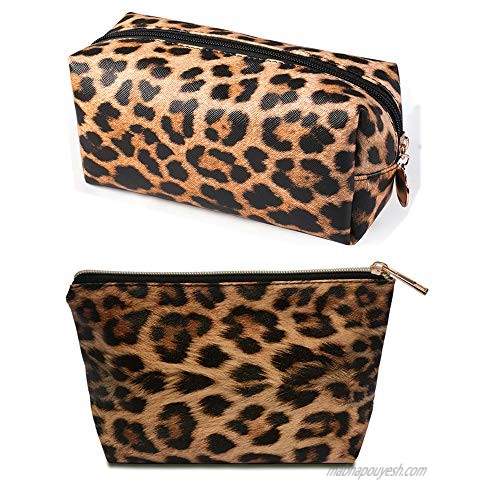 OXYTRA 2 Pcs Cosmetic Bag Leopard Makeup Bags Set  Waterproof Travel Makeup Organizer PU Leather Toiletry Bag (Leopard Print)