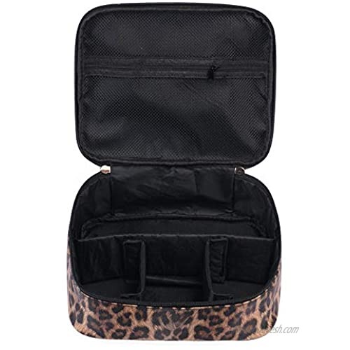 OXYTRA Travel Makeup Bag Leopard Print PU Leather Cosmetic Bag Organizer for Women- Portable Multifunction Toiletry Bags with Adjustable Dividers (Leopard Print)