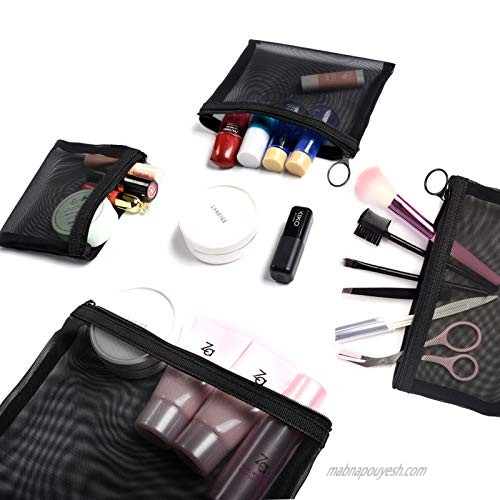 Patu Zipper Mesh Bags Pack of 4 (S/M/L & Pencil Pouch) Beauty Makeup Cosmetic Accessories Organizer Travel Toiletry Kit Set Storage Case Black