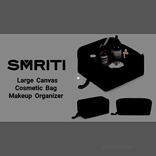 SMRITI Canvas Makeup Bag Portable Cosmetic Bag for Women Large Capacity Purse Travel Zipper Pouch Organizer for Cosmetics Accessories Pens Tools (Black)
