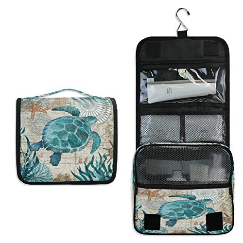 Toprint Sea Ocean Turtle Retro Map Hanging Toiletry Bag Travel Cosmetic Makeup Bag Pouch Waterproof Accessories Organizer Large Portable Wash Gargle Bag for Women Girls Seaweed Gift