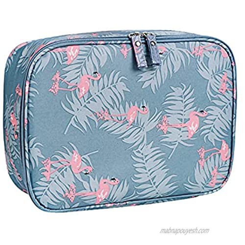 Travel Cosmetic Bag Large Makeup Bag Cosmetic Case Organizer for Women Girls (Blue-Flamingo)