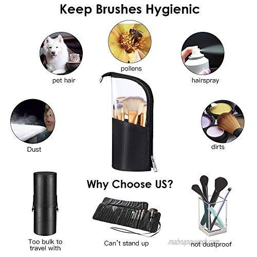 Travel Make-up Brush Cup Holder Organizer Bag Pencil Pen Case for Desk Clear Plastic Cosmetic Zipper Pouch Portable Waterproof Dust-Free Stand-Up Small Toiletry Stationery Bag with Divider Black
