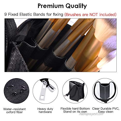 Travel Make-up Brush Cup Holder Organizer Bag Pencil Pen Case for Desk Clear Plastic Cosmetic Zipper Pouch Portable Waterproof Dust-Free Stand-Up Small Toiletry Stationery Bag with Divider Black