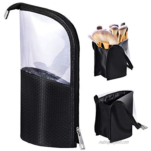 Travel Make-up Brush Cup Holder Organizer Bag  Pencil Pen Case for Desk  Clear Plastic Cosmetic Zipper Pouch  Portable Waterproof Dust-Free Stand-Up Small Toiletry Stationery Bag with Divider  Black