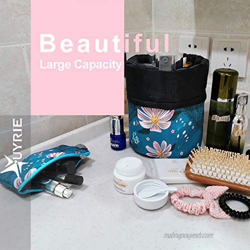 UYRIE Portable Makeup Toiletry Cosmetic Travel Organizer Bag Large Drawstring Hanging Packing Bag for Women Girl Men Lightweight Multifunctional Barrel Shaped Storage Bag (Pink Flower)