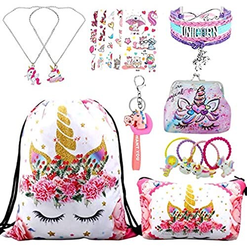YRUBOHA Girls Gifts  Unicorn Gifts for Girls   Unicorn Party Favors  Unicorn Drawstring Backpack with Makeup Bag   Bracelet  Necklace  Hair Ties  Tattoo