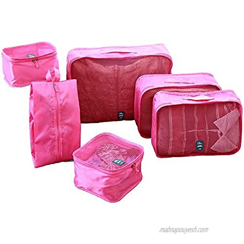 6 Set Packing cubes Travel luggage Organizer Waterproof Mesh Lightweight Suitcase storage bag Clothing Laundry Bag Shoe Bag (Pink)