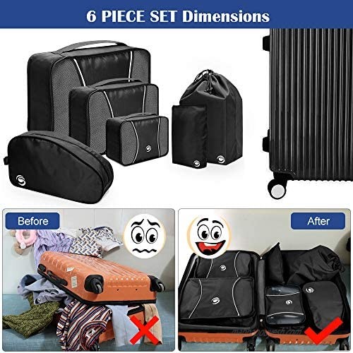 6 Set Packing Cubes Travel Luggage Packing Organizers with Shoes Bag & Laundry Bag (Black)
