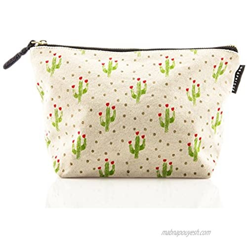 Graphique Cactus Medium Zip Pouch - Thick Cotton Canvas Storage Bag w/ Matching Black Inside Liner  Gold Zipper  and Expanding Bottom  10" x 6.75"