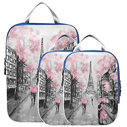 MNSRUU Packing Cubes Lovers Under Cherry Blossoms Of Eiffel Tower Compression Luggage Cubes Packing Bags Travel Organizer for Suitcases  3 PCS