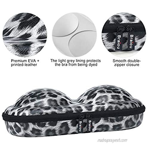 Premium Bra Case Braiou Lingerie Travel Bag Zip Underwear Organizer Bag for A-DD Cup [Leopard Print] (Grey)