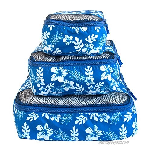 Travel Packing Cubes Set (3 Piece) Ideal for Travel and Closet Organizer (Blue and White Flower)
