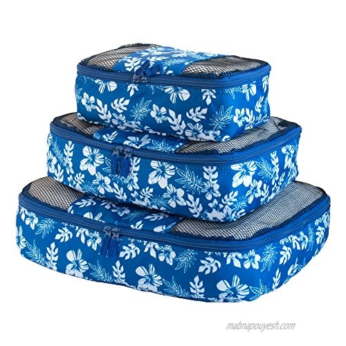 Travel Packing Cubes Set (3 Piece)  Ideal for Travel and Closet Organizer (Blue and White Flower)