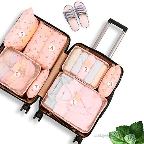 Travel Storage Bag / 7 pcs Set Luggage Organizer Packing Cubes Compression Pouch （Pink）