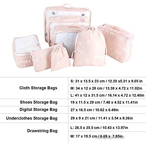 Travel Storage Bag 8Pcs Portable Clothes Storage Bag Underwear Packing Luggage Organizer Pouch Multi-Functional Clothing Sorting Packages for Travel(Pink Alpaca)