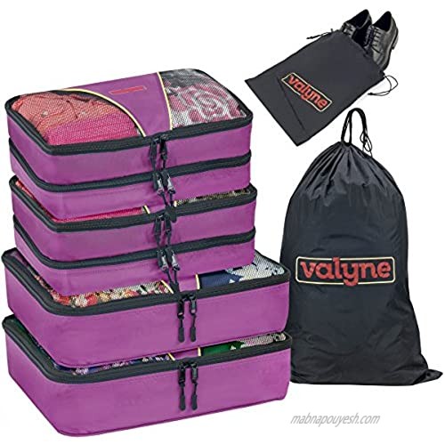 Valyne Mesh Nylon 6-pcs Packing Cubes Set  Travel Accessories Luggage Organizer Bags with Laundry Shoe Bag (Medium Packs Double Compartment) (Purple)