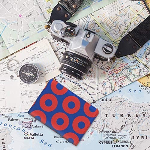 Leather Passport Holder Cover Case RFID Blocking Travel Wallet (Red Donut Circles On Blue)