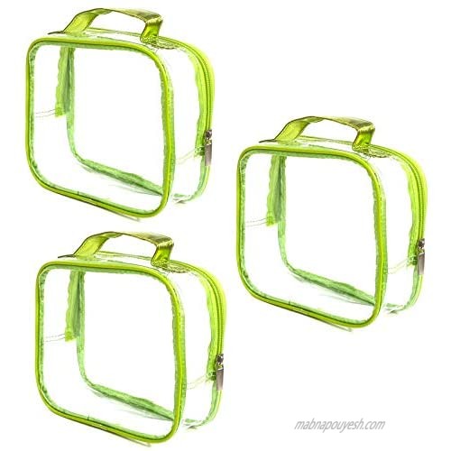 3 AZi TSA Approved Toiletry Bag Crystal Clear w Zipper Green Handle 3-1-1 Carry On Airport Airline Compliant Bag Stadium Travel Cosmetic Makeup First Aid Medication Charger Organizer Gym School Locker