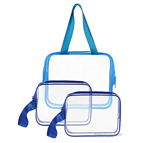 3pcs/pack Clear Cosmetic Bag TSA Approved Travel Toiletry Bag Set with Zipper Vinyl PVC Make-up Pouch Handle Straps for Women Men  Sariok Waterproof Packing Organizer Diaper Pencil Bags (blue)