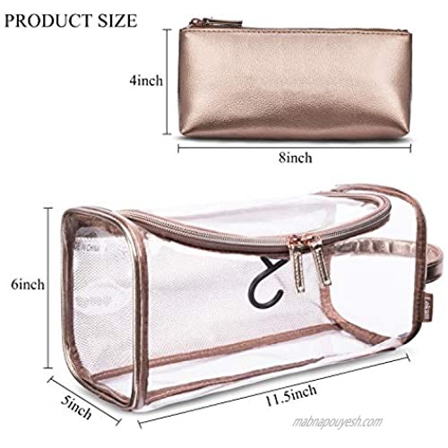 AMZBAG Leather Toiletry Bag Travel Toiletry Organizer Portable Hanging Makeup Bag Dopp Kit & Shaving Cosmetic Bag (Rose Gold)