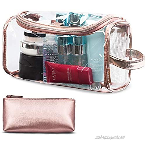 AMZBAG Leather Toiletry Bag Travel Toiletry Organizer Portable Hanging Makeup Bag Dopp Kit & Shaving Cosmetic Bag (Rose Gold)