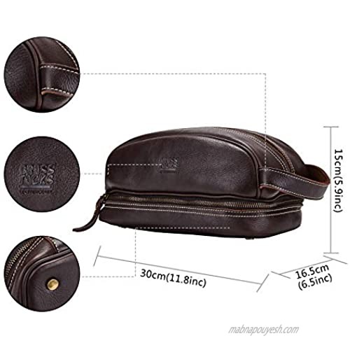 BRASS TACKS Leathercraft Genuine Leather Toiletry Bags for Men Hanging Travel Dopp Kit Bathroom Organizer(Dark Brown)
