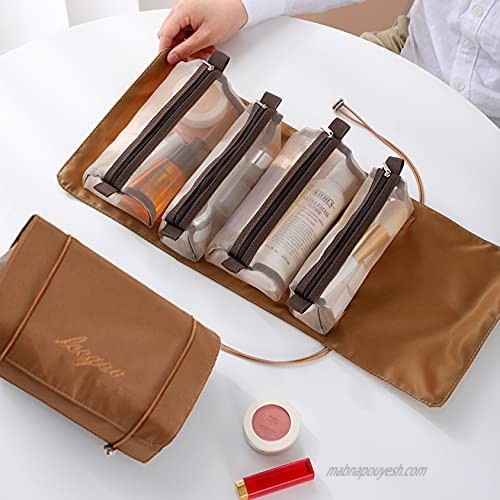 Brocarp Foldable Toiletry Bag Portable Travel Bag for Women 4 Pack Detachable Small Makeup Bag Organizer Hanging Cosmetic Bags for Business Trip Vacation Household Travel Container for Toiletries Shampoo Personal Items Accessories Hygiene Kit Shower Bathroom Storage (Khaki)