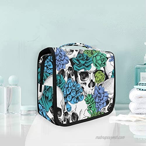 Hanging Toiletry Bag Skull Succulent Pattern Portable Travel Cosmetic Makeup Organizer Wash Bag with Hanging Hook