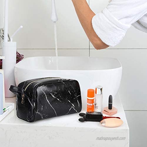 OXYTRA Toiletry Organizer Wash Bag Travel Hanging Dopp Kit for Men PU Leather Cosmetic Bag Makeup Bag for Women Girls (Black Marble)