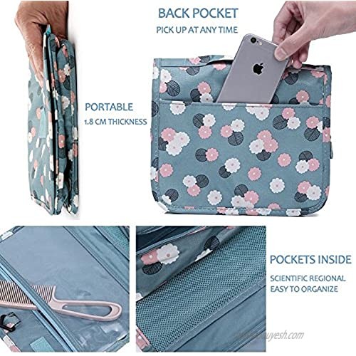 Portable Hanging Travel Toiletry Bag Waterproof Makeup Organizer Cosmetic Bag Pouch For Women Girl Blue Flower