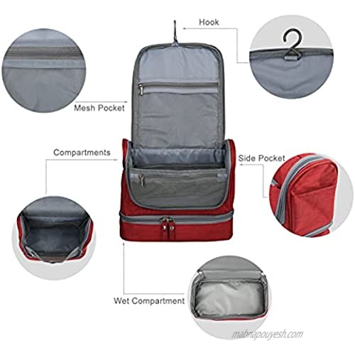 TABITORA Toiletry Bag Portable Hanging Travel Organizer Large Capacity Dry Wet Separation Red