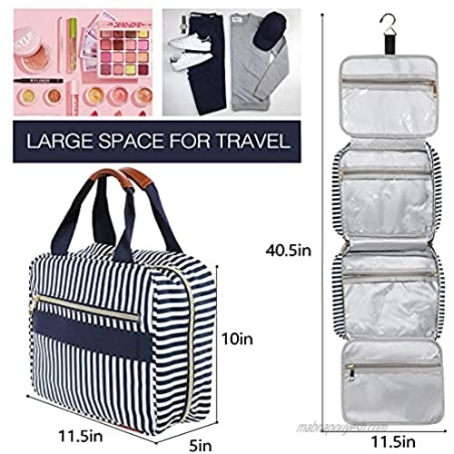 Toiletry Bag Travel Bag with Hanging Hook Makeup Bag 4 Sections Waterproof Large Cosmetic Make up Travel Organizer for Accessories Kit Bathroom Shower Toiletries lotions Shampoo Gifts for Her/Women Men (Dark Blue Stripe 1 Pack)