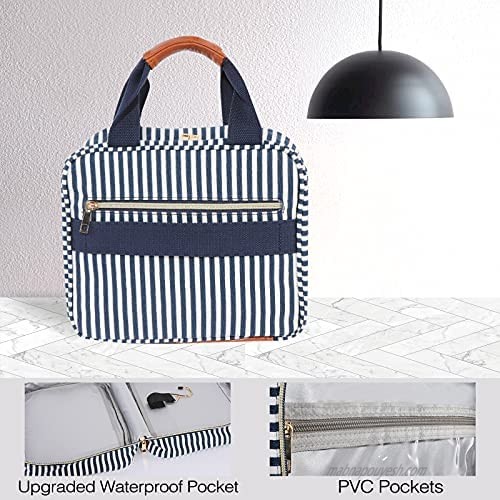 Toiletry Bag Travel Bag with Hanging Hook Makeup Bag 4 Sections Waterproof Large Cosmetic Make up Travel Organizer for Accessories Kit Bathroom Shower Toiletries lotions Shampoo Gifts for Her/Women Men (Dark Blue Stripe 1 Pack)
