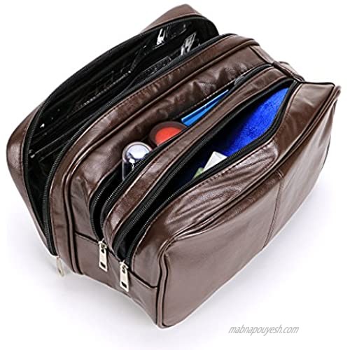 Toiletry Bags Sumnacon Unisex PU Leather Waterproof Travel Cosmetic Bag Organizer Perfect for Shaving Grooming Dopp Kit & Household Business Vacation with Portable Handle (3 Layer Brown)
