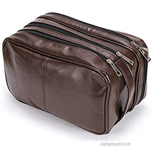 Toiletry Bags Sumnacon Unisex PU Leather Waterproof Travel Cosmetic Bag Organizer Perfect for Shaving Grooming Dopp Kit & Household Business Vacation with Portable Handle (3 Layer Brown)