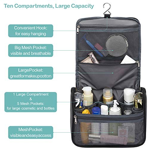 Travel Toiletry Bag Packism Large Capacity Travel Bag with Hanging Hook Waterproof Makeup Bag Cosmetic Bag 10 Compartments Toiletry Kit for Travel Accessories Toiletries Black