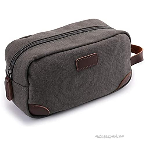 Yarlung Leather and Canvas Travel Toiletry Bag with Handle  Dopp Kit Shaving Bag Travel Accessories Organizer for Men & Women  Grey