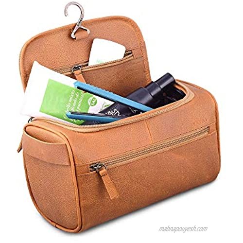 YAYAS Leather Light Brown Hanging Travel Toiletry Bag for Men and Women Large Toiletry Organizer Hygiene Bag with Metal Swivel Hook Durable Zippers and Large Capacity for Cosmetics (US-NeceserT-CC)